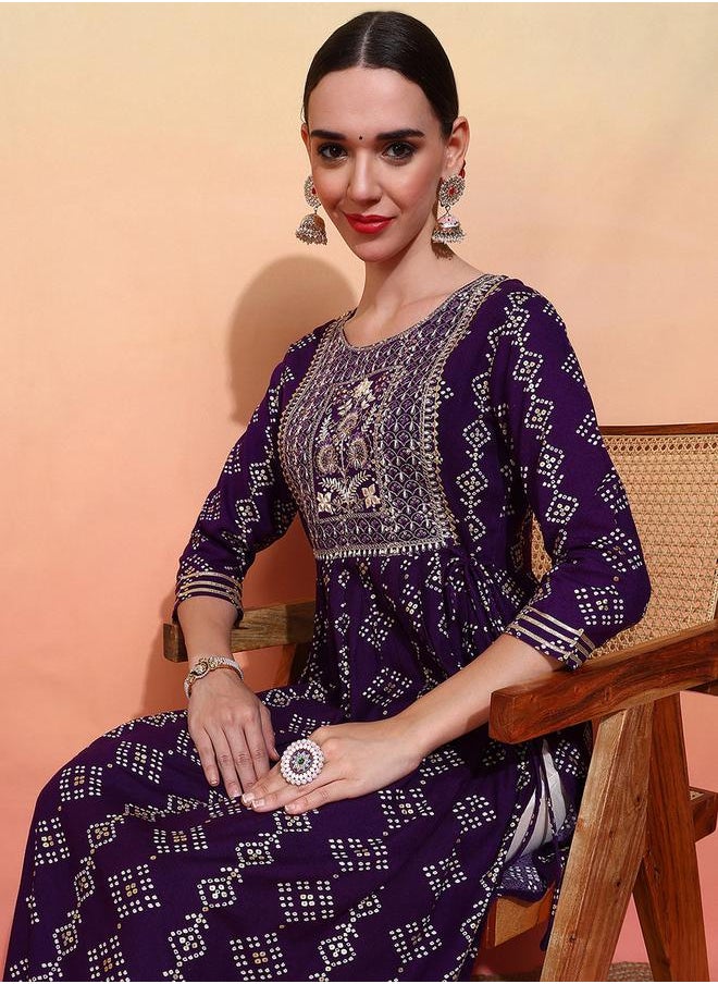 DW Printed Round Neck Embroidered A-Line Kurta by Styli  - Image 4