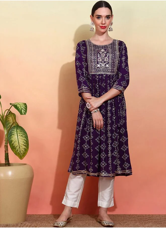DW Printed Round Neck Embroidered A-Line Kurta by Styli
