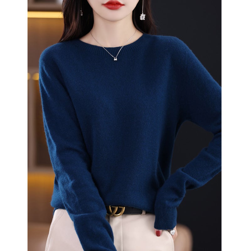 Woolen sweater womens solid color round neck 23 new long sleeve seamless knitted first-line garment wool sweater undershirt Seaweed Blue