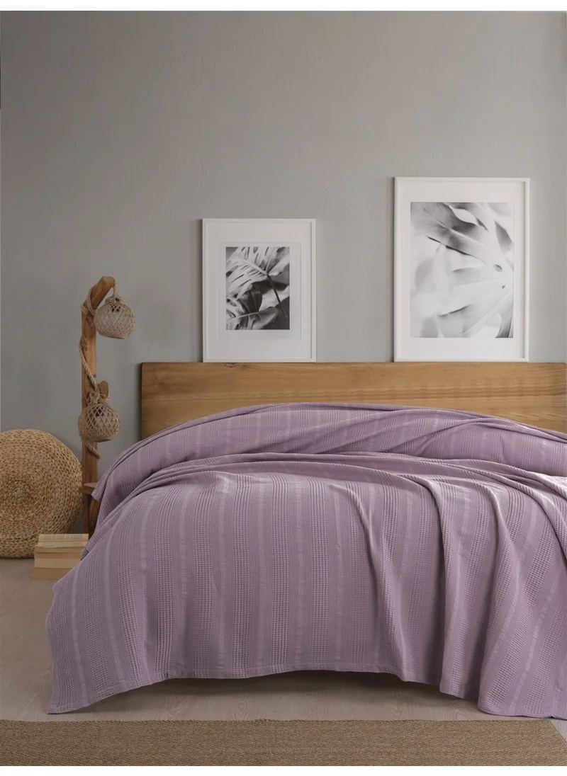Sevim Double Waffle Blanket 210x230 cm - 100% Cotton - Honeycomb Breathable Fabric - Lilac