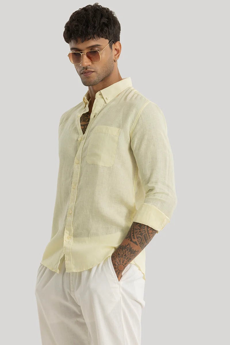 SNITCH Elementary Yellow Plain 100% Linen Shirt - Image 5