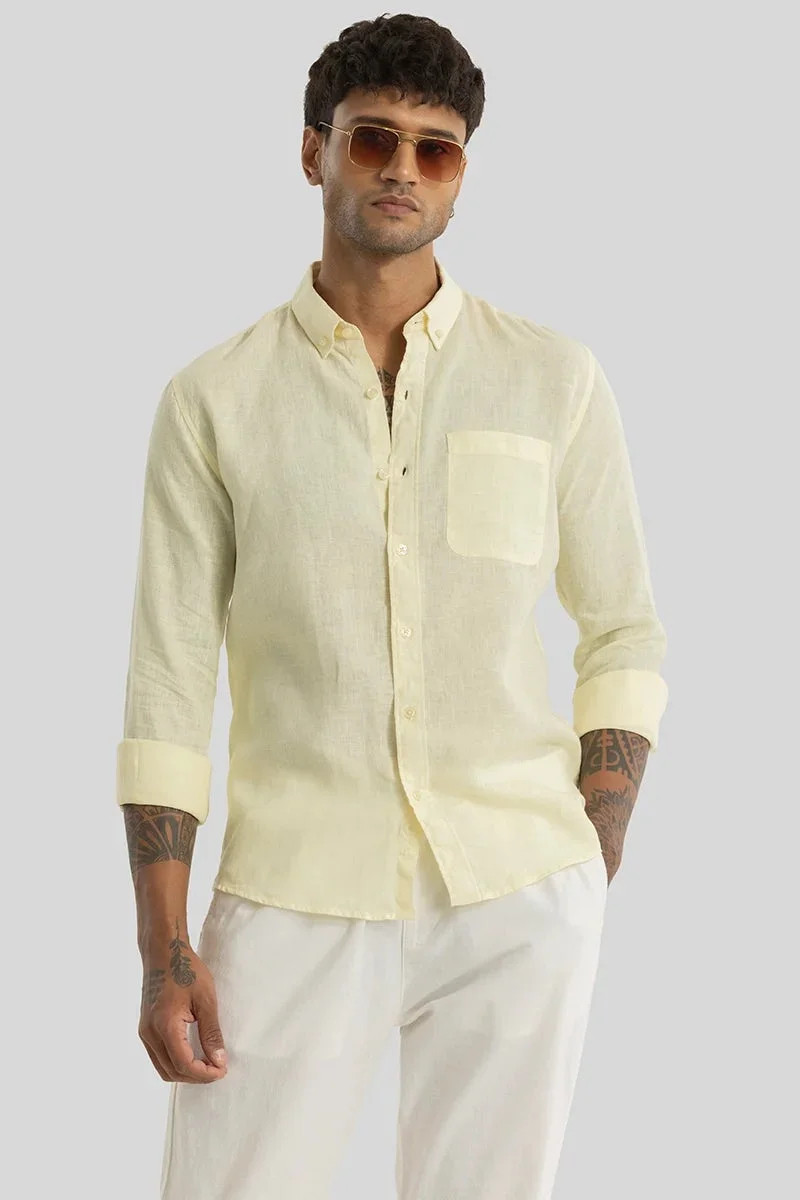 SNITCH Yellow Elementary Yellow Plain 100% Linen Shirt for Men | Best Price UAE