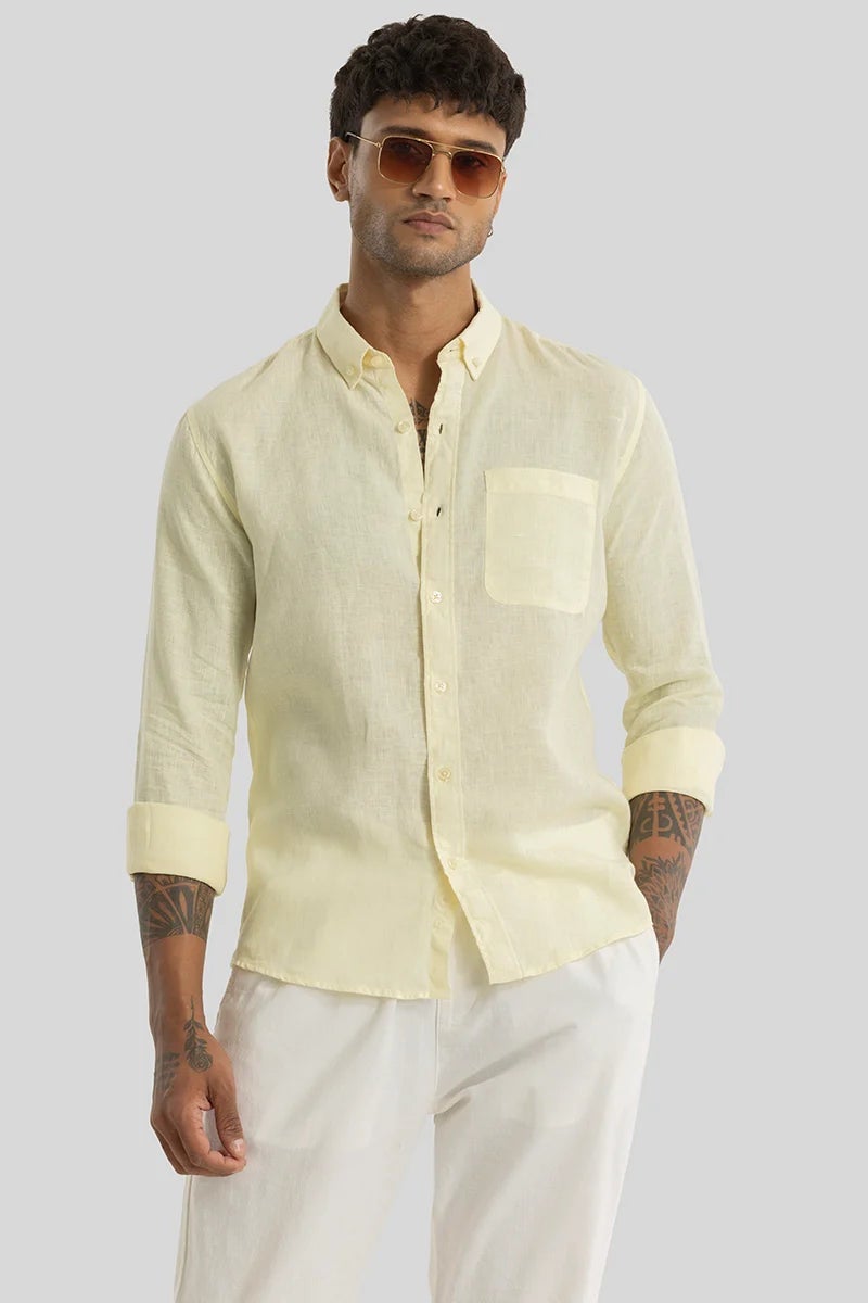 SNITCH Elementary Yellow Plain 100% Linen Shirt - Image 4