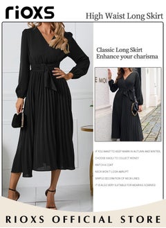 RIOXS Women's Dresses,Casual Long Sleeve Maxi Dress,Ladies V-Neck Fall Dress With Belted,Relaxed Fit Flowy Maxi Dresses, A-Line Wrap Dress For Party/Wedding/Feast/Business/Daily Wear  - Image 4