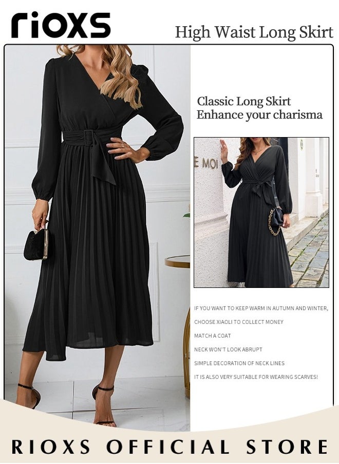 RIOXS Women's Dresses,Casual Long Sleeve Maxi Dress,Ladies V-Neck Fall Dress With Belted,Relaxed Fit Flowy Maxi Dresses, A-Line Wrap Dress For Party/Wedding/Feast/Business/Daily Wear  - Image 4