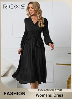 RIOXS Women's Dresses,Casual Long Sleeve Maxi Dress,Ladies V-Neck Fall Dress With Belted,Relaxed Fit Flowy Maxi Dresses, A-Line Wrap Dress For Party/Wedding/Feast/Business/Daily Wear  - Image 1