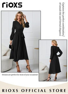 RIOXS Women's Dresses,Casual Long Sleeve Maxi Dress,Ladies V-Neck Fall Dress With Belted,Relaxed Fit Flowy Maxi Dresses, A-Line Wrap Dress For Party/Wedding/Feast/Business/Daily Wear  - Image 3