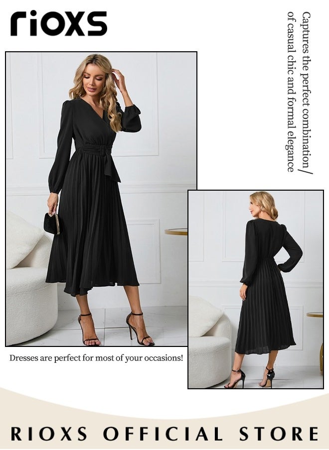 RIOXS Women's Dresses,Casual Long Sleeve Maxi Dress,Ladies V-Neck Fall Dress With Belted,Relaxed Fit Flowy Maxi Dresses, A-Line Wrap Dress For Party/Wedding/Feast/Business/Daily Wear  - Image 3