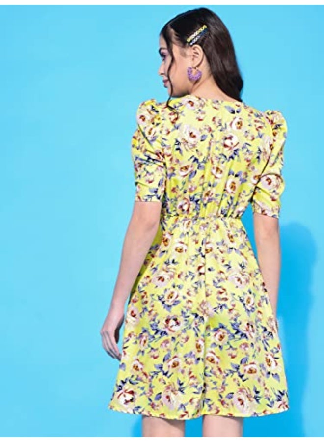 Oomph! Women's Western & Fusion wear Below Knee Shift Yellow Dress in Crepe Fabric with Round Neck and Puff Sleeves - md621m - Image 5