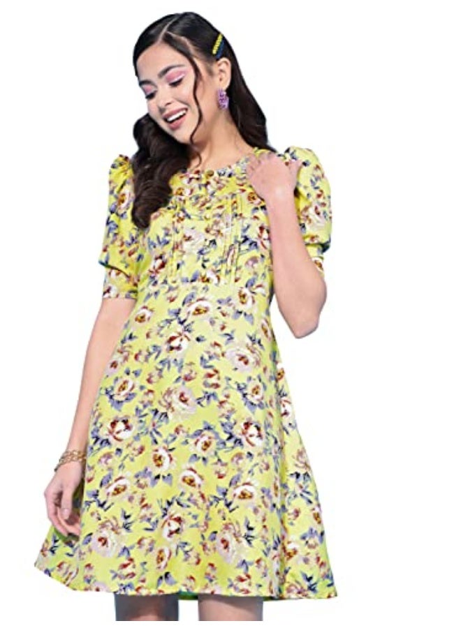 Oomph! Women's Western & Fusion wear Below Knee Shift Yellow Dress in Crepe Fabric with Round Neck and Puff Sleeves - md621m - Image 1