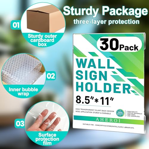 Aheroi 30Pcs Acrylic Sign Holder 8.5 x 11, Clear Wall Sign Holder 8.5 x 11 Wall Mount with 60 Tape, No Drilling Acrylic Wall Frame Paper Holder Document Holder for Office Home Restaurant - Image 5
