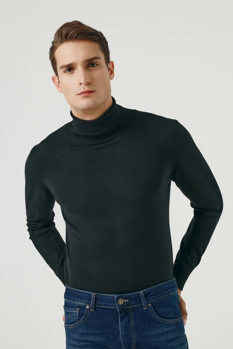 دي أس دامات Regular Fit Black Cotton Blend Turtleneck Knitwear Sweater 5HF06ORT12007