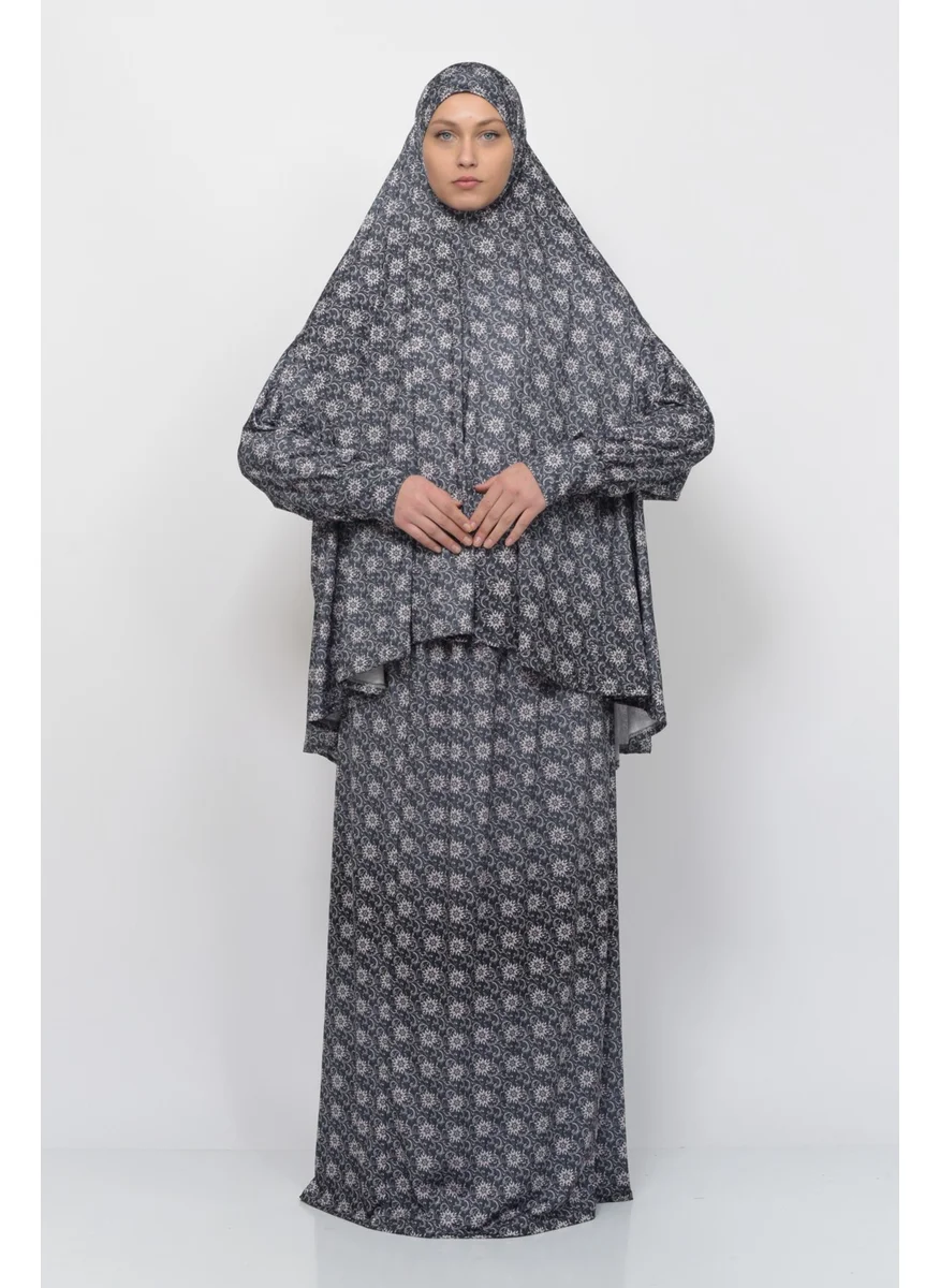 التوبة Practical Two Piece Sun Patterned Bat Sleeves Lycra Hijab Prayer Dress with Headscarf 992-0308