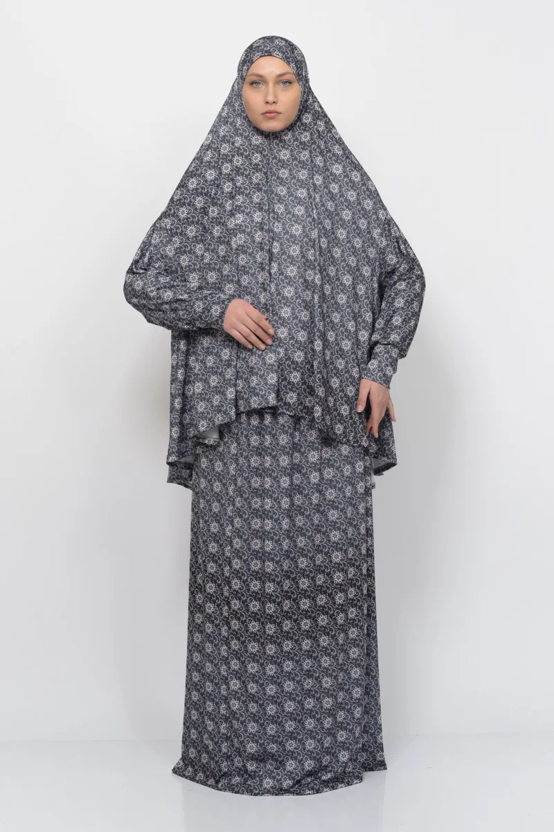Altobeh Practical Two Piece Sun Patterned Bat Sleeves Lycra Hijab Prayer Dress with Headscarf 992-0308