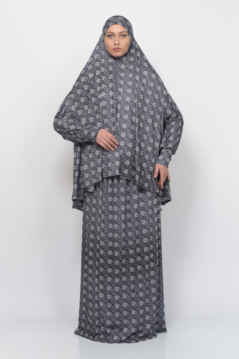 Altobeh Practical Two Piece Sun Patterned Bat Sleeves Lycra Hijab Prayer Dress with Headscarf 992-0308  - Image 3
