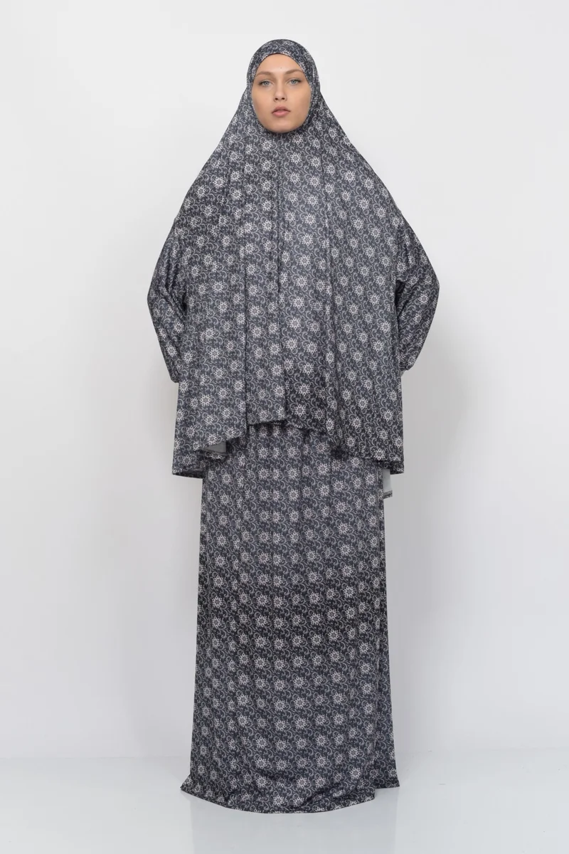 Altobeh Practical Two Piece Sun Patterned Bat Sleeves Lycra Hijab Prayer Dress with Headscarf 992-0308