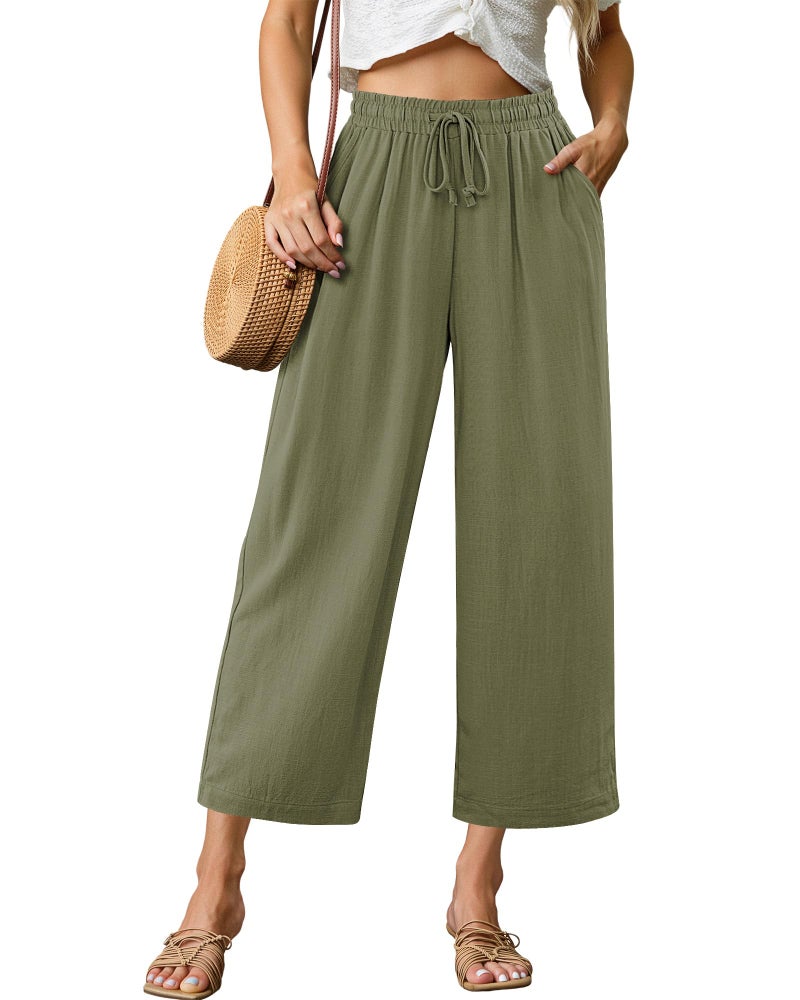 GRAPENT Elastic Waist Capris for Women Army Green Pants for Women Capris for Summer Army Green Size Large US 12 to 14 - Image 1