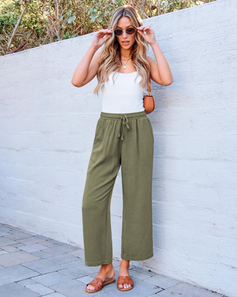 GRAPENT Elastic Waist Capris for Women Army Green Pants for Women Capris for Summer Army Green Size Large US 12 to 14 - Image 3
