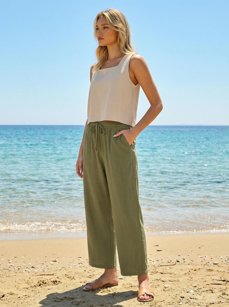 GRAPENT Elastic Waist Capris for Women Army Green Pants for Women Capris for Summer Army Green Size Large US 12 to 14 - Image 4