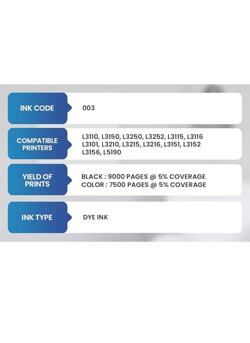 Terabyte - 003 Compatible Refill Ink for Epson L3110, L3150, L3250, L3252, L3115, L3116, L3101, L3210, L3215, L3216, L3151, L3152, L3156, L5190 - Printer Ink (70gm x C/M/Y/ Black) Bottle - 503468 - Image 1