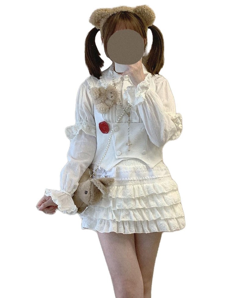 OATSBAS Elastic Waist Lolita Cake Mini Skirts for Women Girls High Waist Pleated Skirt Y2K Layered Skirt (One Size,White) - Image 1