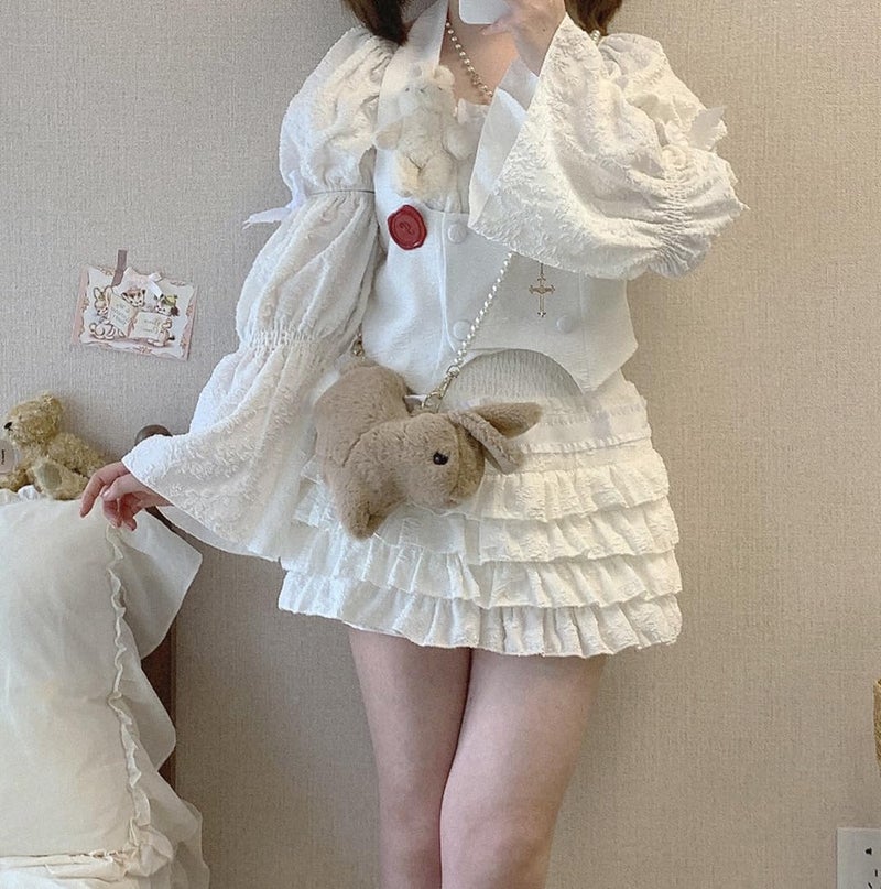OATSBAS Elastic Waist Lolita Cake Mini Skirts for Women Girls High Waist Pleated Skirt Y2K Layered Skirt (One Size,White) - Image 4