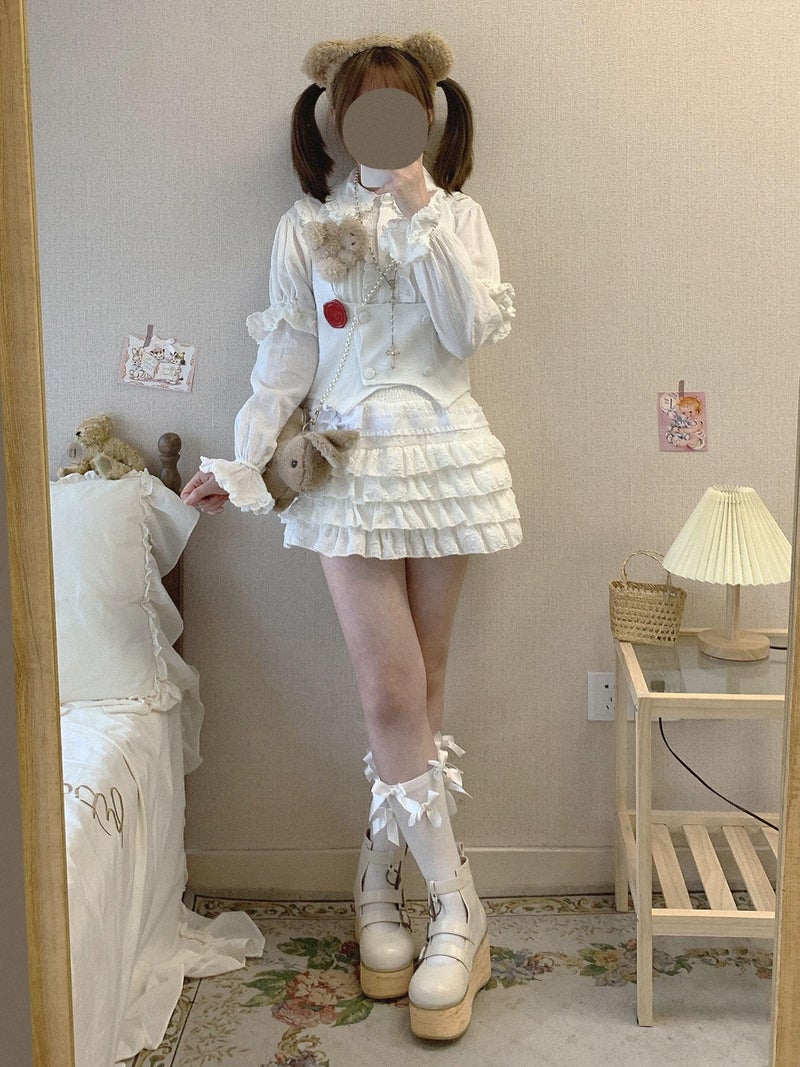 OATSBAS Elastic Waist Lolita Cake Mini Skirts for Women Girls High Waist Pleated Skirt Y2K Layered Skirt (One Size,White) - Image 3