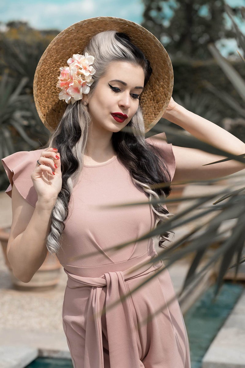 Knitee بدلة نسائية عتيقة بدون أكمام مع كشكشة خصر مرتفع وساق واسعة مع حزام (وردي، صغير) - Image 4