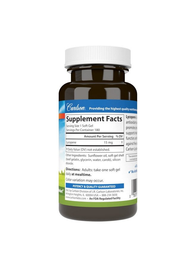 Carlson - Lycopene, 15 mg, Tomato-Free, Prostate Health & Circulation Support, Optimal Wellness, 180 Softgels - Image 2