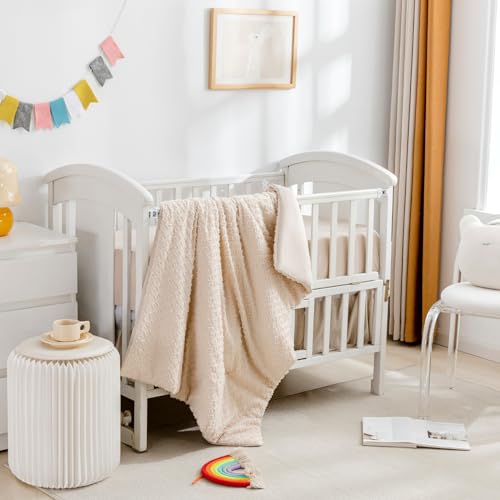 Cokouchyi 3 Piece Bedding Set for Boy Girls, Jacquard Tufted Geometric Crib Set, Includes Skirt, Blanket and Sheet, Baby Bedding, Beige - Image 2
