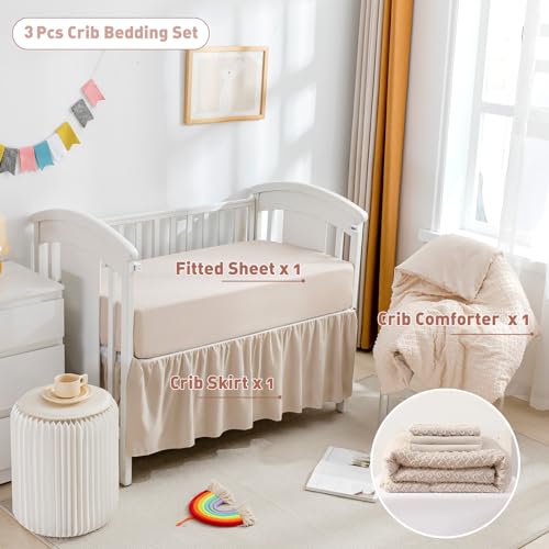 Cokouchyi 3 Piece Bedding Set for Boy Girls, Jacquard Tufted Geometric Crib Set, Includes Skirt, Blanket and Sheet, Baby Bedding, Beige - Image 3