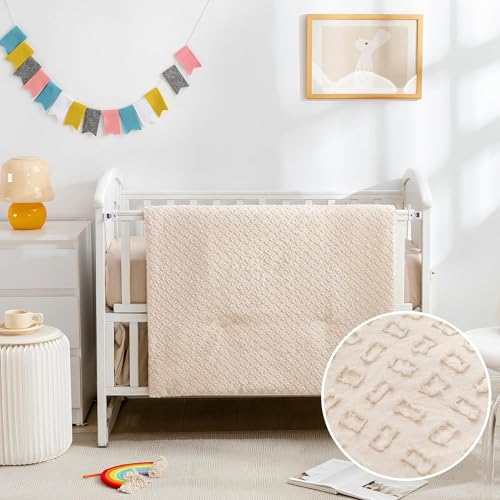 Cokouchyi 3 Piece Bedding Set for Boy Girls, Jacquard Tufted Geometric Crib Set, Includes Skirt, Blanket and Sheet, Baby Bedding, Beige - Image 1