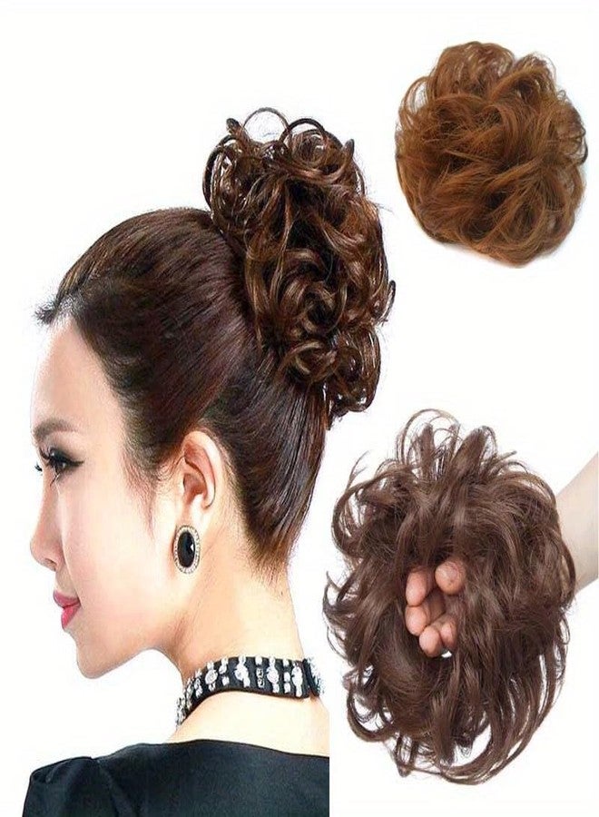 Chanderkash 2 Pieces Messy Hair Bun Extensions with Elastic Rubber Band Medium Brown Wavy Curly Synthetic Ponytail Hairpiece Thick Updo Fake Hair Bun Scrunchies for Women Girls Kids - Image 2