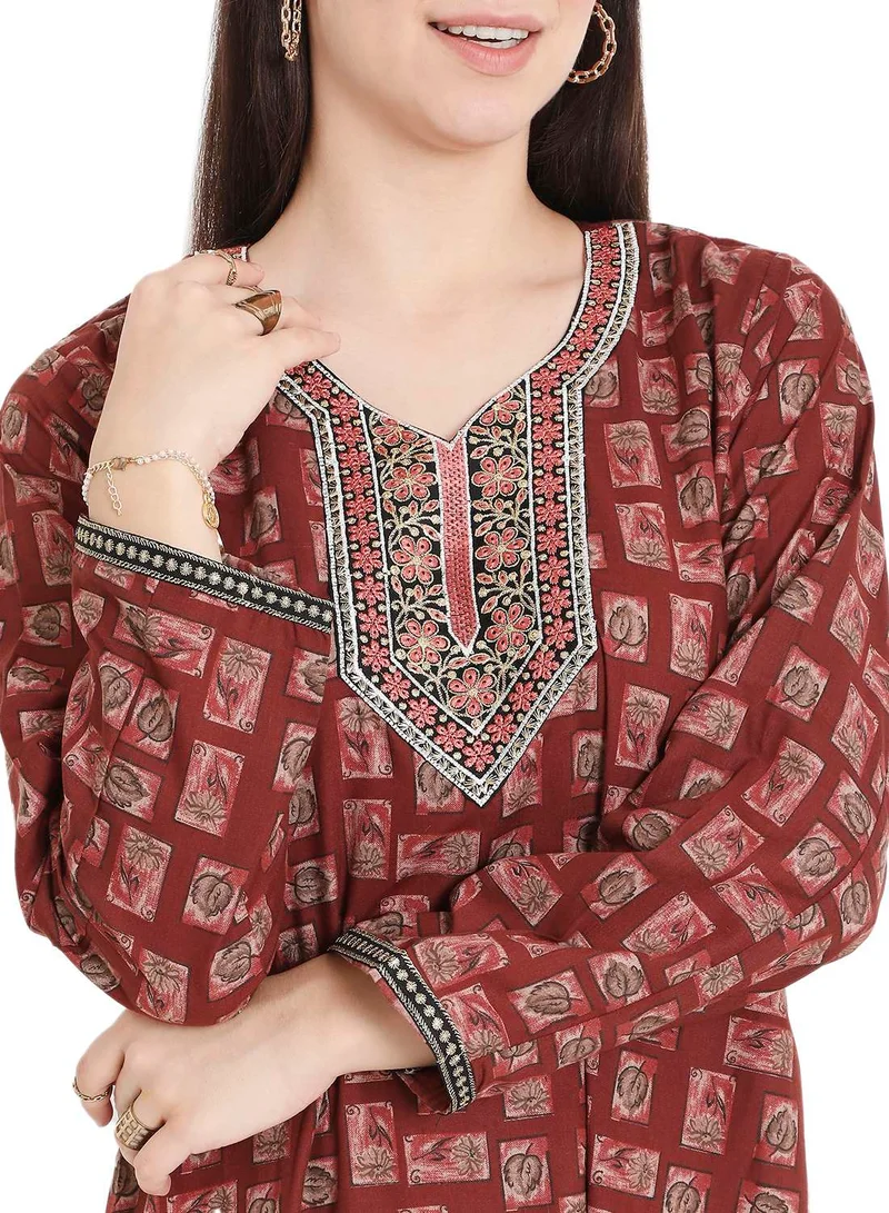 HANA & SARA CASUAL DAILY WEAR CLOTHING OUTFIT PRINTED JALABIYA WITH UNIQUE THREAD EMBROIDERY