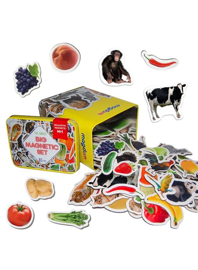Magdum Kids Magnets for Fridge - Farm+Zoo+Fruits+Vegs Photo in Tin Gift Box - 85 Large Fridge Magnets for Toddlers - Refrigerator Magnets - Image 1