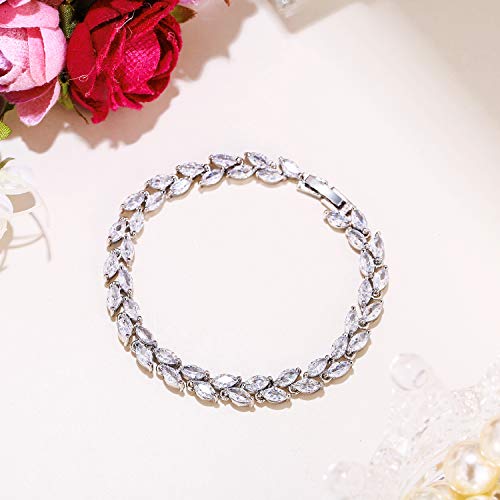 EVER FAITH Wedding Bracelets for Brides, White Gold Plated Rhinestone Cubic Zirconia Bridal 2 Layers Small Leaf Roman Bracelet for Women Prom - Image 4
