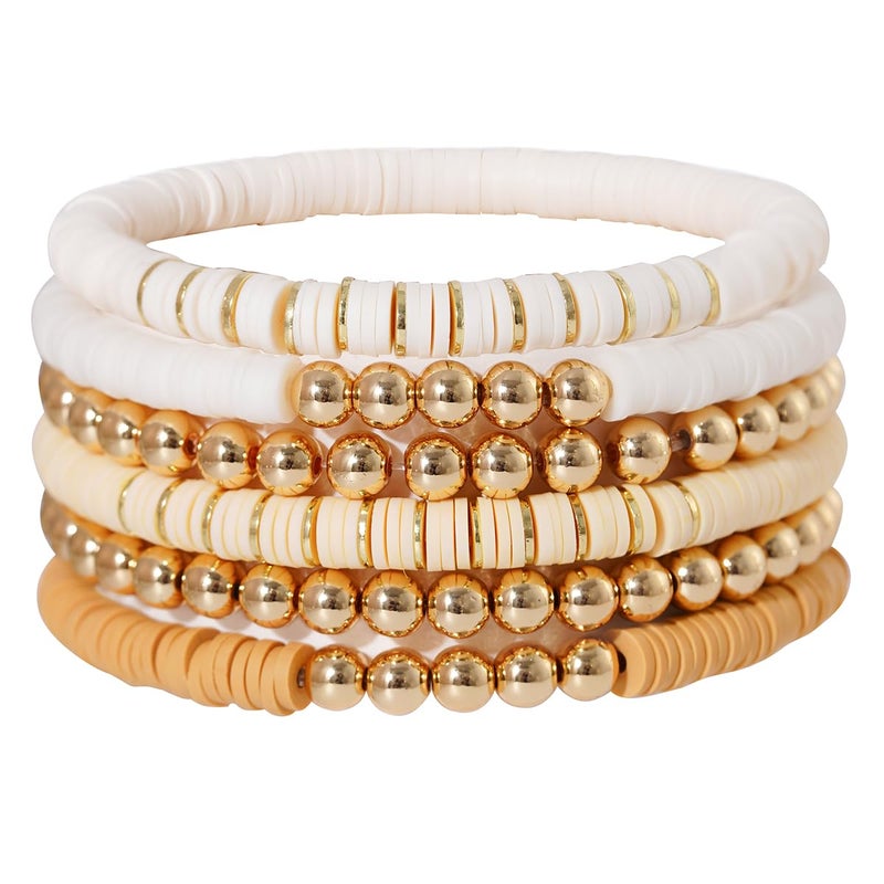 GOOJIDS Surfer Heishi Clay Bead Bracelets for Women Bohemian Stackable Gold Plated Beaded Stretch Bracelets Elastic Layering Friendship Bracelets Set Boho Jewelry - Image 1