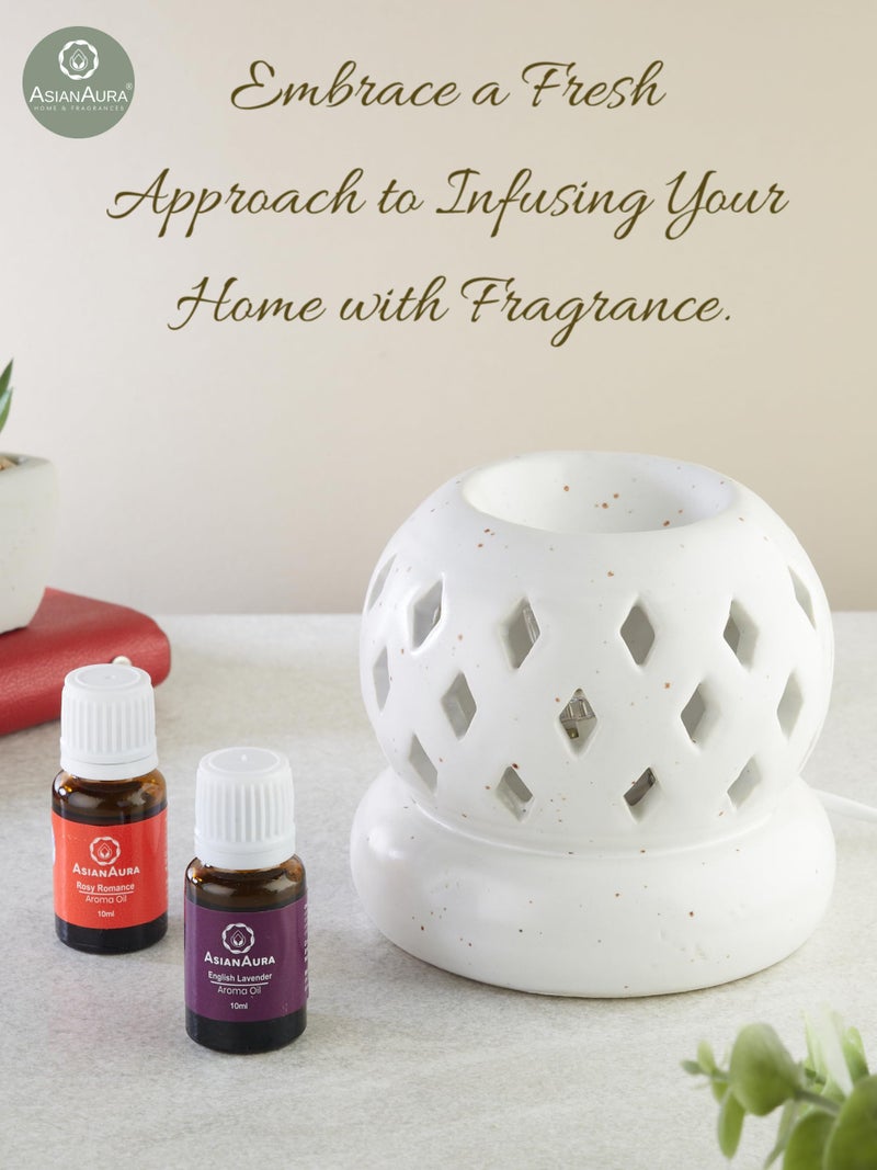Asian Aura Aroma Diffuser Handcrafted Ceramic Electric Round Shaped Aroma Oil Burner for Home with Aroma Oils (English Lavender & Rosy Romance Fragrance 10ml Each) - Image 2