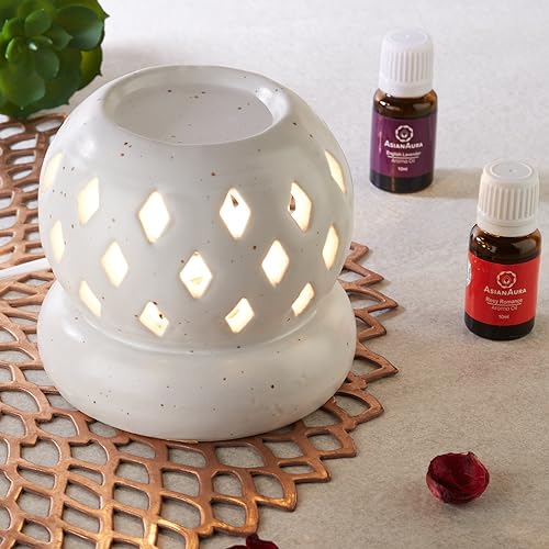 Asian Aura Aroma Diffuser Handcrafted Ceramic Electric Round Shaped Aroma Oil Burner for Home with Aroma Oils (English Lavender & Rosy Romance Fragrance 10ml Each) - Image 1
