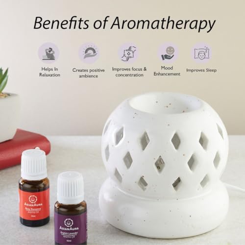Asian Aura Aroma Diffuser Handcrafted Ceramic Electric Round Shaped Aroma Oil Burner for Home with Aroma Oils (English Lavender & Rosy Romance Fragrance 10ml Each) - Image 3