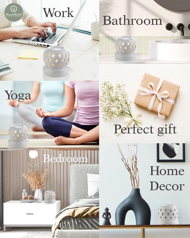 Asian Aura Aroma Diffuser Handcrafted Ceramic Electric Round Shaped Aroma Oil Burner for Home with Aroma Oils (English Lavender & Rosy Romance Fragrance 10ml Each) - Image 5