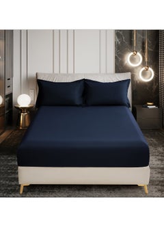 Donetella Bedding Fitted Sheet 3-Pcs Super King Size Solid Bed Sheet Set Fits(200x200CM) With Pillowcases And 35 CM Extra Deep Brushed Microfiber Bed Sheet,Navy  - Image 1