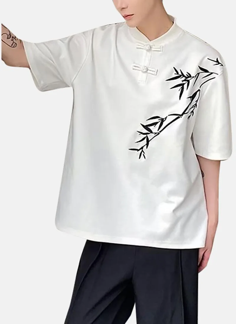 YUNIQEE White Printed Half Sleeve Henley T-Shirt