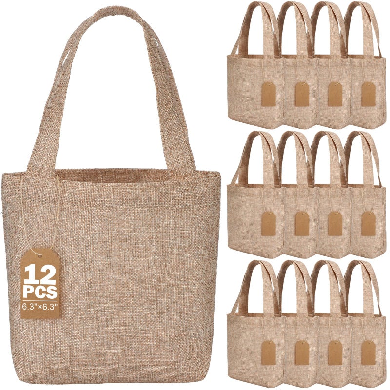 Aliceset 36 Pcs Mini Burlap Tote Bags with Handles Reusable Burlap Gift Bags with Tags Small Wedding Welcome Bridesmaids Jute Bag Bulk for Party Supplies DIY Craft (6.3 x 6.3 x 2.8 Inch,Light Brown) - Image 1