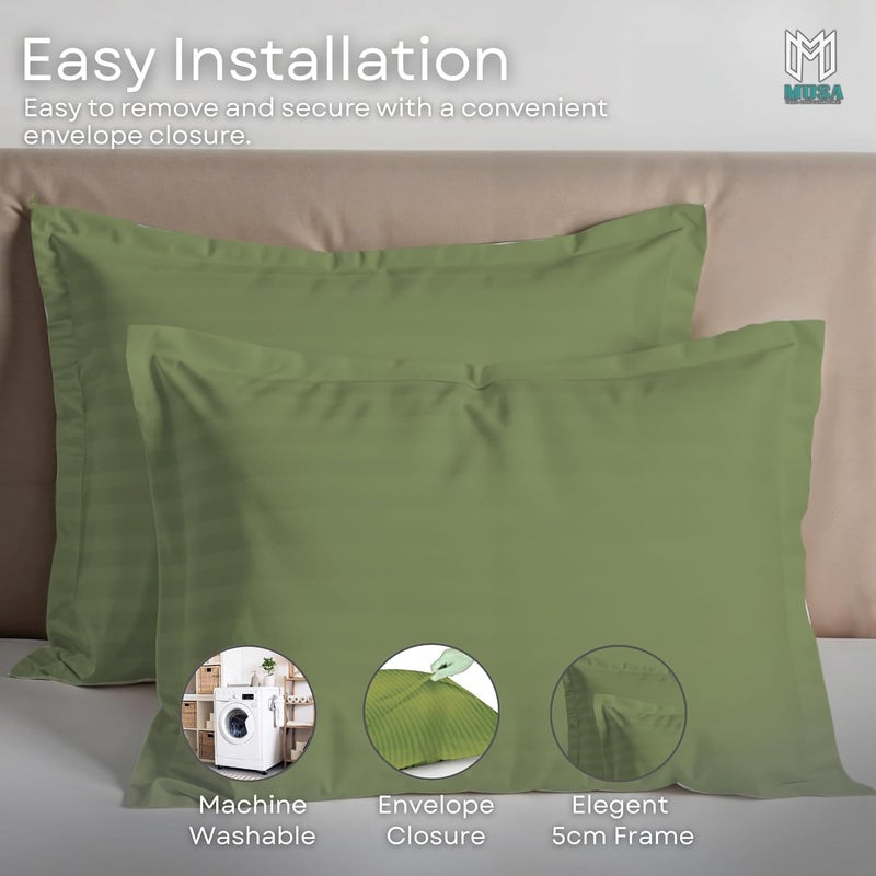 MUSA MUSA® Striped Cotton Pillow Covers – Soft, Breathable & Hotel-Inspired Pillow Covers with Envelope Closure | Elegant 5cm Oxford Frame Design for Bedroom & Home Décor (2, Sage Green, 50 x 90cm) - Image 5