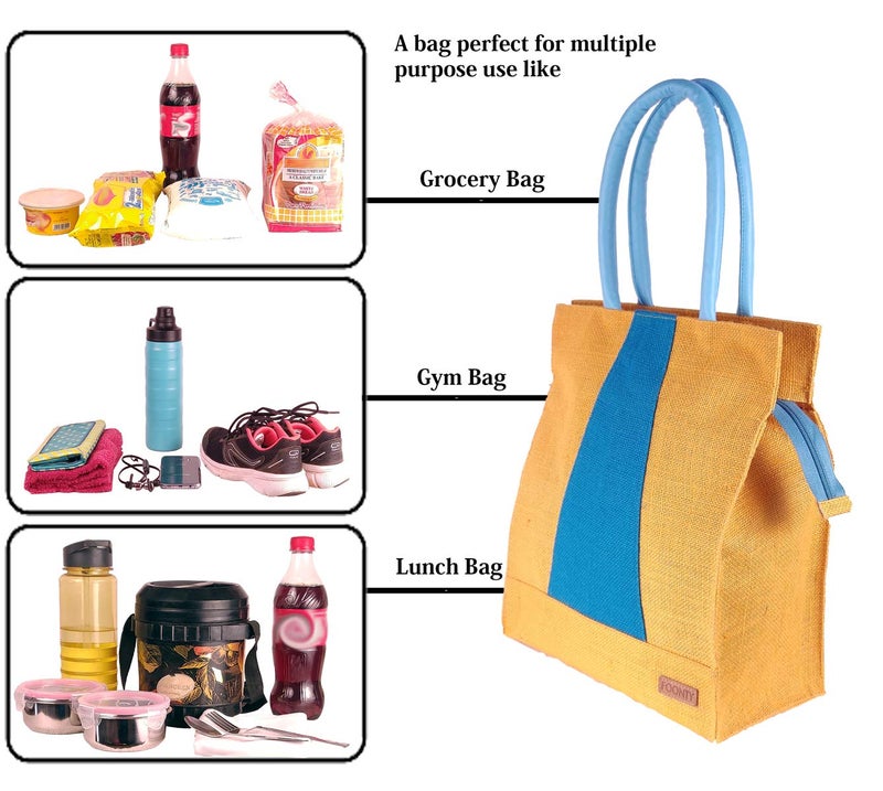 Foonty Exclusive Stripe Daily Use Jute Lunch Bag(Yellow,FFFWB6014A) - Image 3