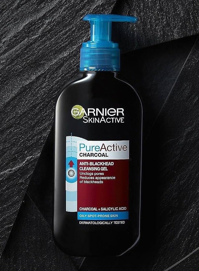 غارنييه غسول جل غارنييه بيور أكتيف المضاد للرؤوس السوداء بالفحم، غني بحمض الساليسيليك والفحم للبشرة الدهنية المعرضة للبقع، 200 مل - Image 1
