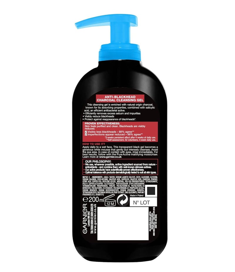 غارنييه غسول جل غارنييه بيور أكتيف المضاد للرؤوس السوداء بالفحم، غني بحمض الساليسيليك والفحم للبشرة الدهنية المعرضة للبقع، 200 مل - Image 3