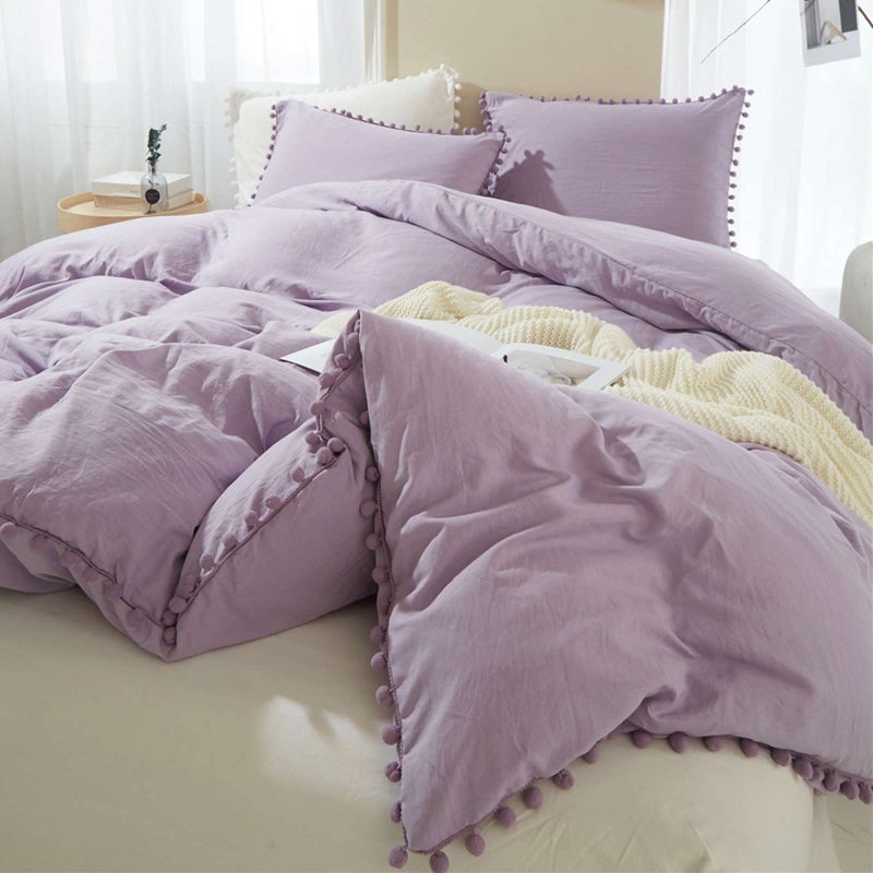 ETDIFFE Lavender Pom Duvet Cover Queen Size  3 Piece Boho Bohemian Farmhouse Microfiber Comforter Cover Set  Soft and Lightweight Quilt Cover Solid Purple Pompom