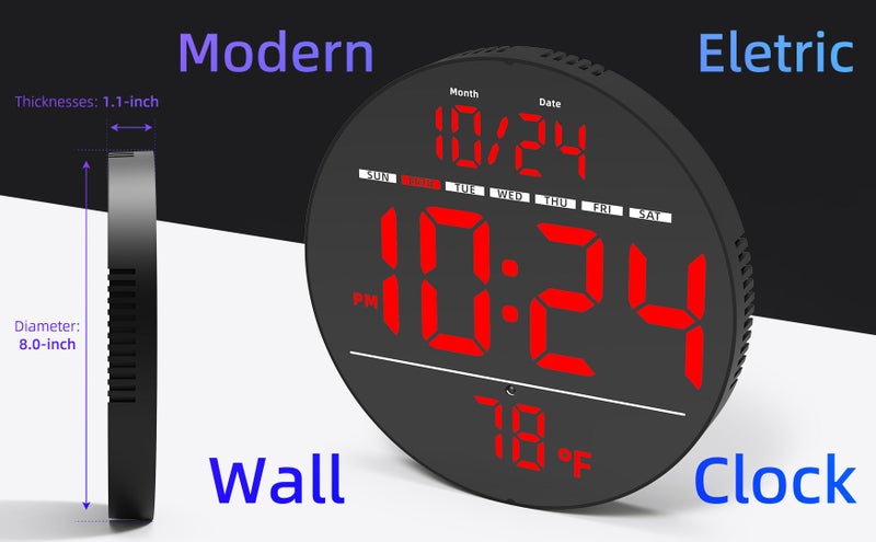 XUANZIT Digital Wall Clock with Large LED Display, Date, Temperature, Auto-Brightness | Small [PLUG-IN] Clock | Modern Electric Wall Clock for Bedroom, Classroom, Living Room, Home, Office, Farmhouse â€“ Red - Image 2